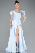 Light Blue Boat Neck Slit Long Satin Prom Gown ABU4508