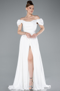 White Boat Neck Slit Long Satin Prom Gown ABU4508