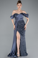 Grey-Indigo Boat Neck Slit Long Sequined Evening Gown ABU4085