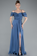 Grey-Indigo Off The Shoulder Slit Long Satin Prom Dress ABU4703