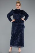 Navy Blue Long Sleeve Stand Collar Midi Beaded Plus Size Evening Gown ABK2294