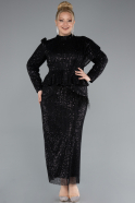 Black Long Sleeve Stand Collar Midi Beaded Plus Size Evening Gown ABK2294