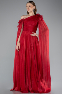 Red One Shoulder Shawl Sleeve Long Chiffon Evening Dress ABU4809