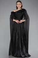Black One Shoulder Shawl Sleeve Long Chiffon Evening Dress ABU4809