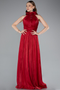 Red Halter Neck Long Chiffon Evening Dress ABU4811