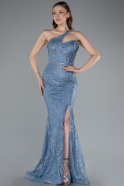 Indigo One Shoulder Slit Long Glitter Mermaid Evening Gown ABU4697