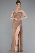 Copper Strapless Slit Beaded Long Evening Gown ABU4114