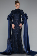 Long Navy Blue Beaded Plus Size Hijab Dress ABU4994