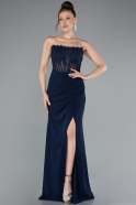 Navy Blue Strapless Lace Appliqued Slit Long Evening Gown ABU5001