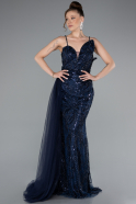 Navy Blue Strappy Tail Long Beaded Special Design Evening Dress ABU5003