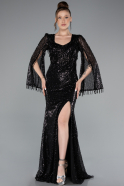 Black Slit Shawl Sleeve Long Special Design Beaded Evening Dress ABU5002