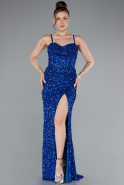 Sax Blue Strapless Underwire Slit Long Sequin Evening Gown ABU4842