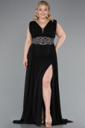 Black Sleeveless Waist Stoned Slit Long Chiffon Plus Size Evening Gown ABU5006