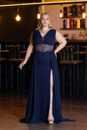 Navy Blue Sleeveless Waist Stoned Slit Long Chiffon Plus Size Evening Gown ABU5006