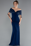 Navy Blue Boat Neck Guipure Long Sleeve Fishtail Evening Dress ABU4343