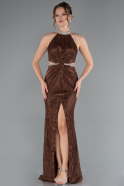 Brown Halter Neck Slit Long Evening Gown ABU4324