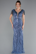 Indigo Beaded Detailed V Neck Long Sequined Evening Gown ABU5802