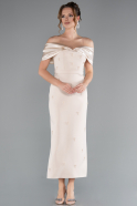 Gold Satin Boat Neck Stone Midi Evening Dress ABK2212