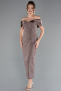 Brown Satin Boat Neck Stone Midi Evening Dress ABK2212