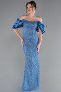 Blue Stoned Strapless Sleeve Accessories Long Mermaid Evening Gown ABU4509