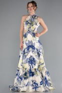 Very Colorful Halter Neck Cut Out Long Printed Satin Evening Gown ABU4686