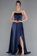 Long Navy Blue Satin Prom Gown ABU5023