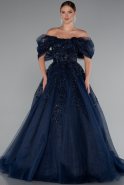 Navy Blue Boat Neck Embroidered Long Plus Size Special Design Dress ABU4722