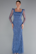 Indigo Long Sleeve Stone Embellished Satin Train Evening Dress ABU4603