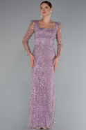 Lavender Long Sleeve Stone Embellished Satin Train Evening Dress ABU4603