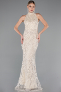 Beige Halter Neck Long Beaded Mermaid Evening Gown ABU4791