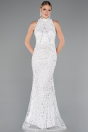 White Halter Neck Long Beaded Mermaid Evening Gown ABU4791