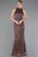 Brown Halter Neck Long Beaded Mermaid Evening Gown ABU4791