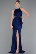 Sax Blue Halter Neck Slit Long Evening Gown ABU4324