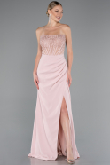 Powder Color Strapless Lace Appliqued Slit Long Evening Gown ABU5001