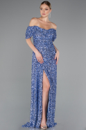 Indigo Boat Neck Slit Long Sequin Evening Gown ABU4843