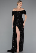 Black Boat Neck Slit Long Sequin Evening Gown ABU4843