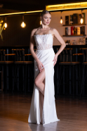 White Strapless Lace Appliqued Slit Long Evening Gown ABU5001