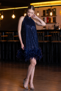 Navy Blue Halter Neck Feathered Skirt Sequined Party Dress ABK2348