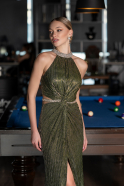 Olive Drab Halter Neck Slit Long Evening Gown ABU4324