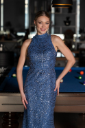 Indigo Halter Neck Long Beaded Mermaid Evening Gown ABU4791