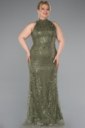 Long Olive Drab Beaded Plus Size Evening Dress ABU5063