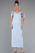 Light Blue Satin Boat Neck Stone Midi Evening Dress ABK2212