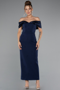 Navy Blue Satin Boat Neck Stone Midi Evening Dress ABK2212