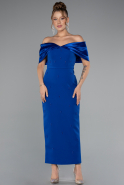 Sax Blue Satin Boat Neck Stone Midi Evening Dress ABK2212