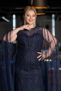 Long Navy Blue Beaded Plus Size Engagement Dress ABU5050