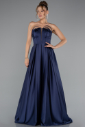 Long Navy Blue Satin Prom Gown ABU5105