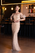 Gold Stone Strapless Sleeve Accessories Long Mermaid Evening Gown ABU4509