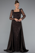 Dark Brown Long Sleeve Stone Embellished Satin Train Evening Dress ABU4603