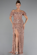 Salmon Boat Neck Slit Long Sequin Evening Gown ABU4843