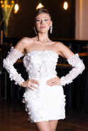 White 3D Floral Lace Detachable Sleeves Mini Wedding Dress ABG130